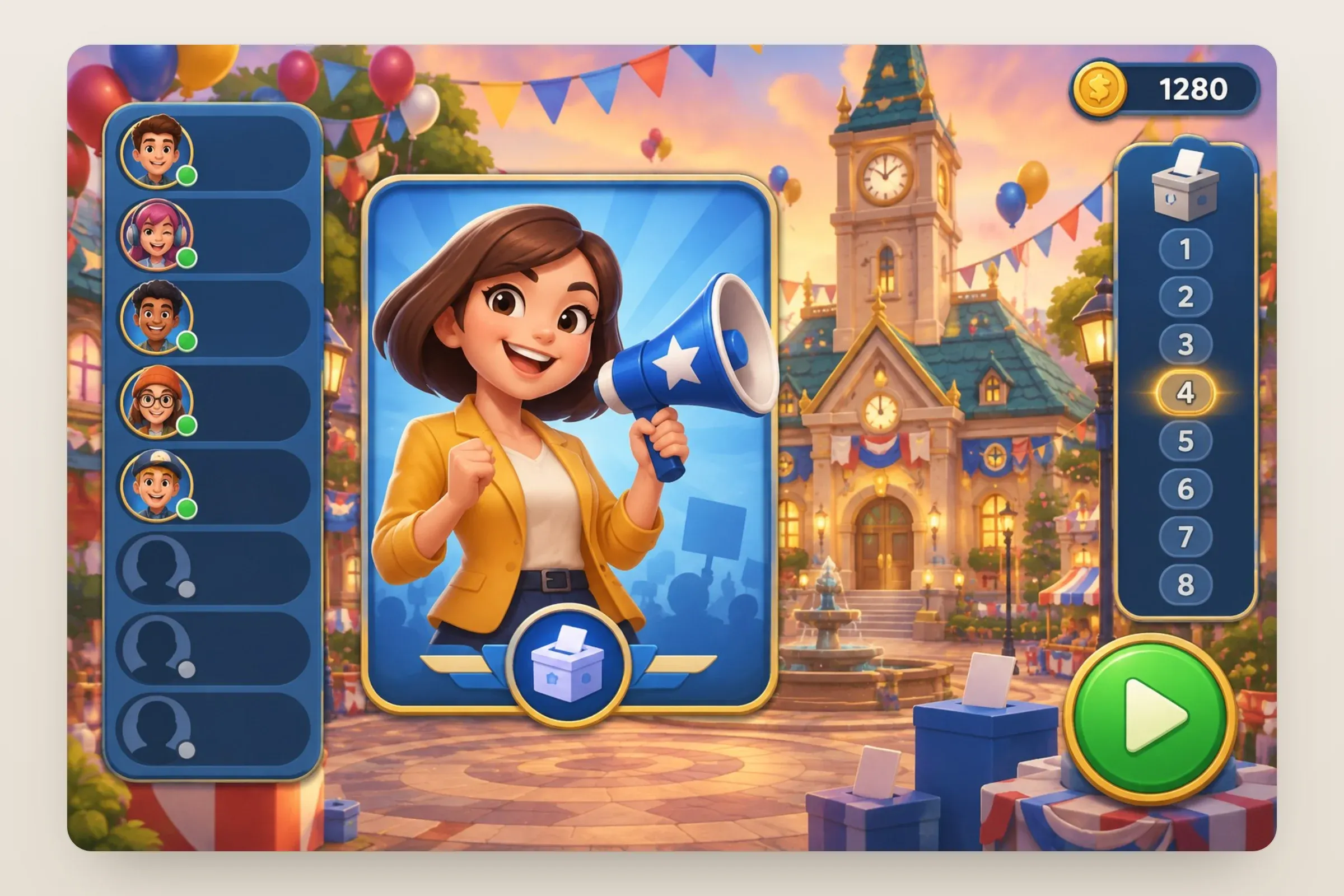 Representative artwork: a waiting room in front of a fictional town hall with bunting, a card of a cartoon candidate holding a megaphone with a star, ballot boxes, eight player slots on the left, a week scroll numbered 1 to 8 and a green play button