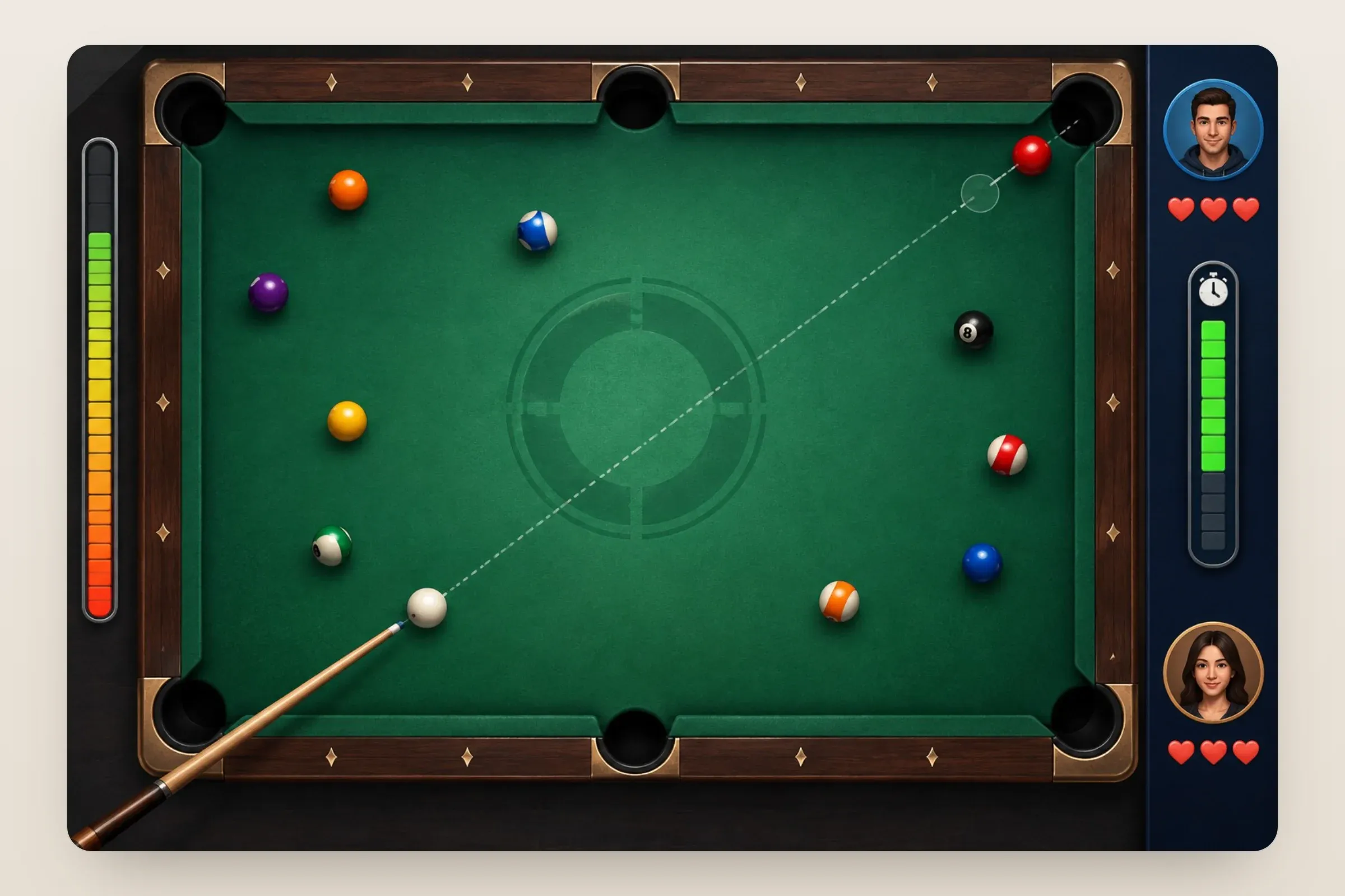 Representative artwork: a top-down 8-ball pool table on green felt with a cue aimed at the white ball along a dotted guide line, a power meter on the left and two player avatars with heart lives on the right