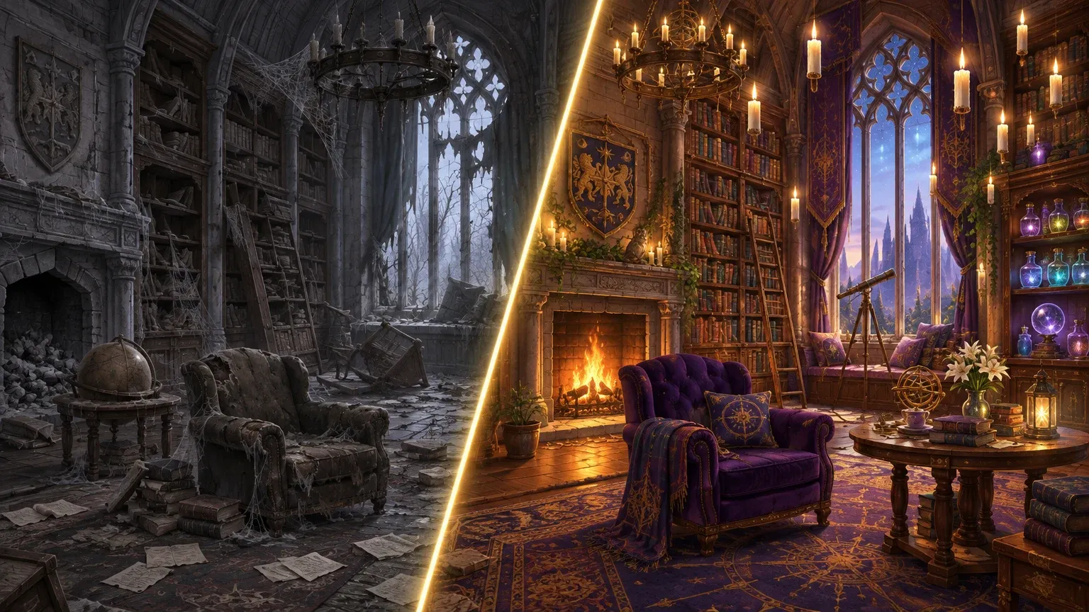 Representative artwork: an academy library split diagonally — dusty, broken and grey on the left; restored with a fire, a purple armchair, floating candles and glowing potions on the right