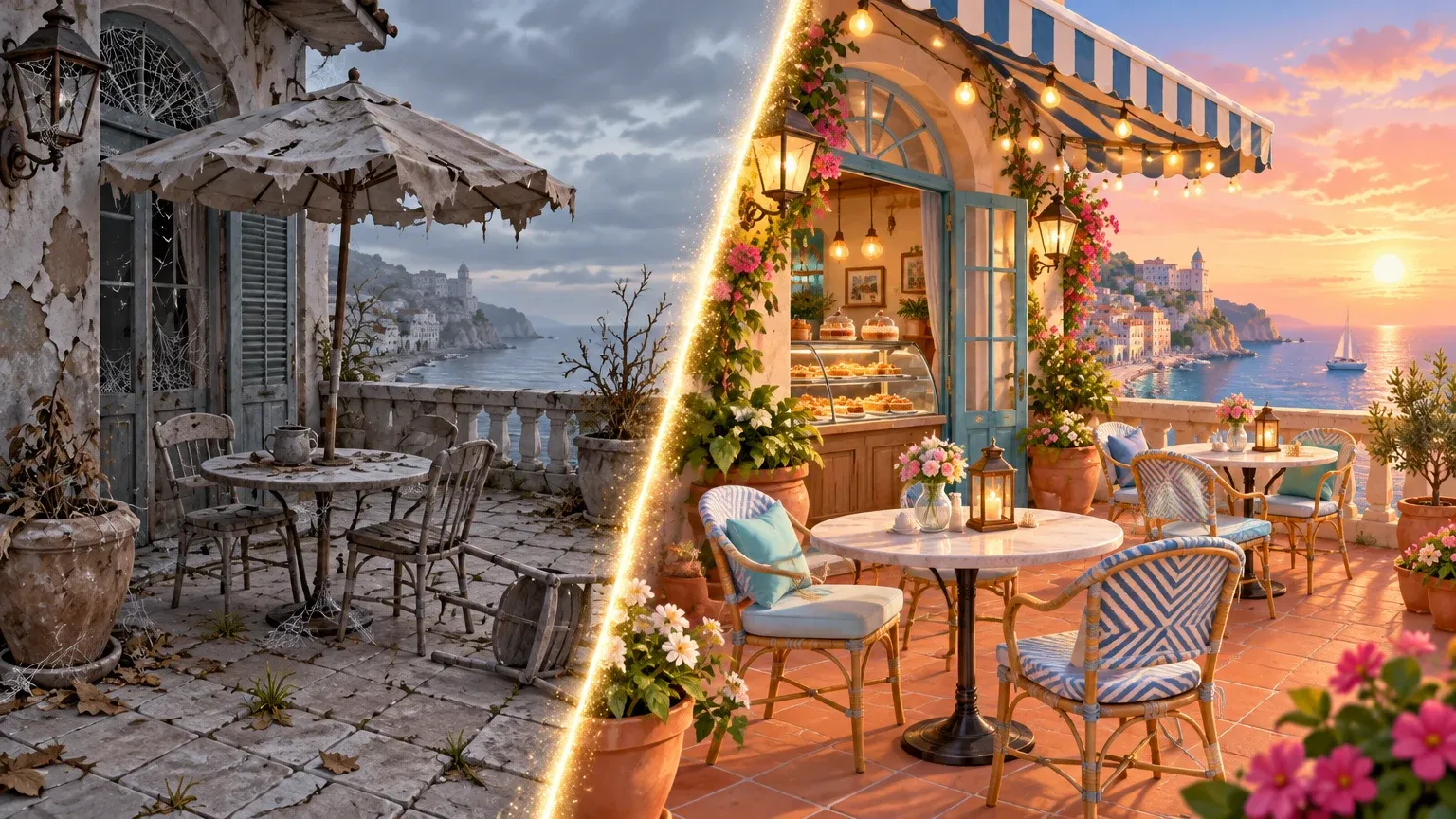Representative artwork: one seaside café terrace split diagonally — grey, cracked and abandoned on the left, colourful and renovated with awnings, flowers and string lights at sunset on the right