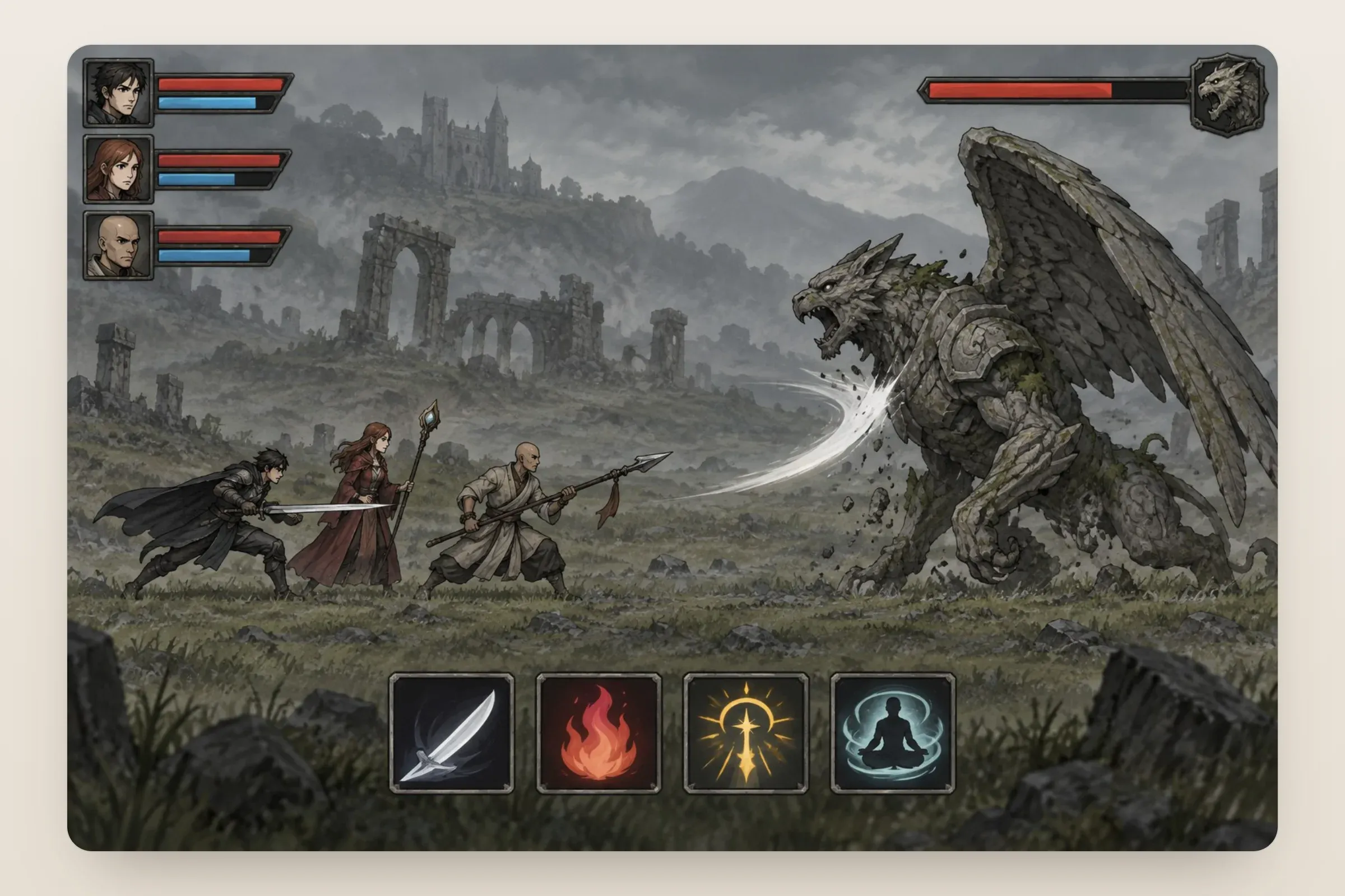 Representative artwork: a side-view 2D battle on a misty plain — three small hero sprites (a swordsman, a woman with a staff, a monk with a spear) facing a winged stone beast, with stacked health and energy bars and four skill buttons