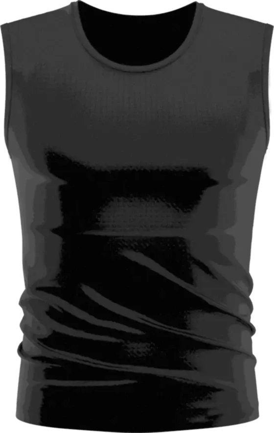 The client's black sleeveless sports shirt