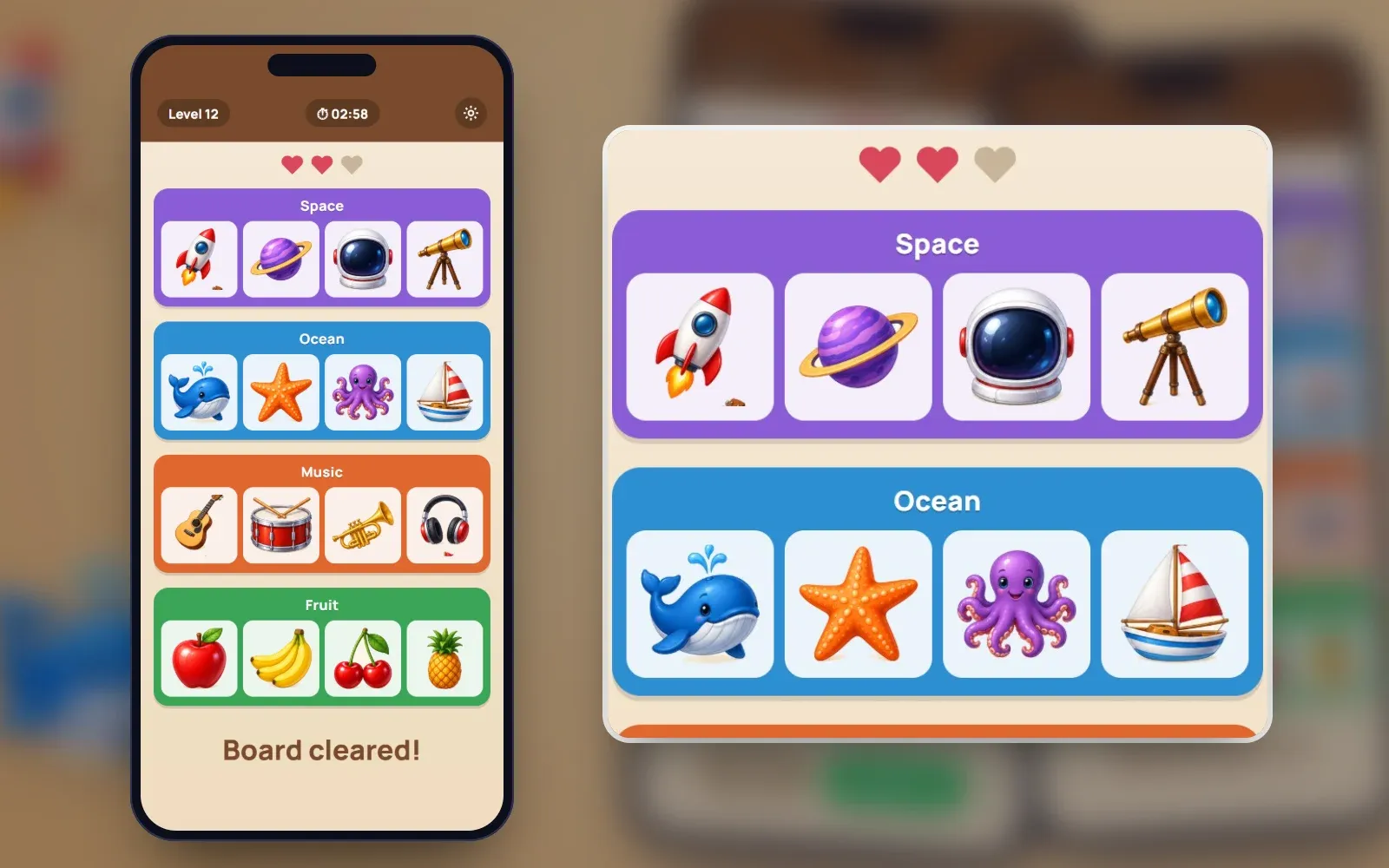Representative screen: the solved board with four labelled groups — Space, Ocean, Music and Fruit — of four pictures each