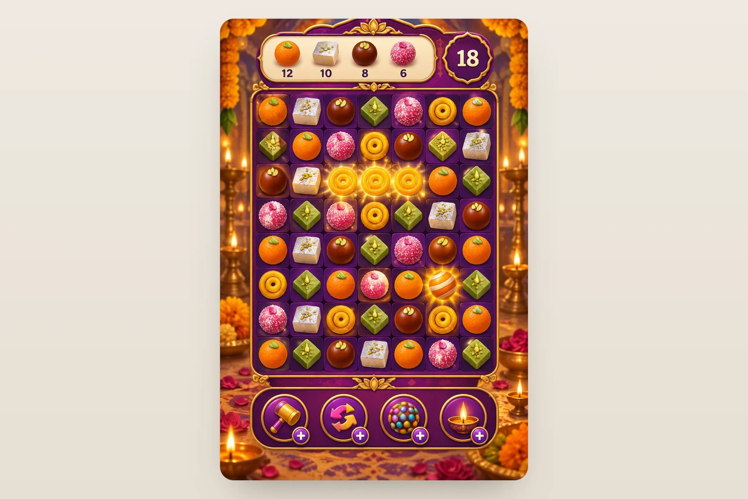 Representative artwork: a match-3 board of Indian sweets — laddoos, barfi, gulab jamun, jalebis — in a purple and gold frame, a goal panel, a moves counter of 18 and booster buttons