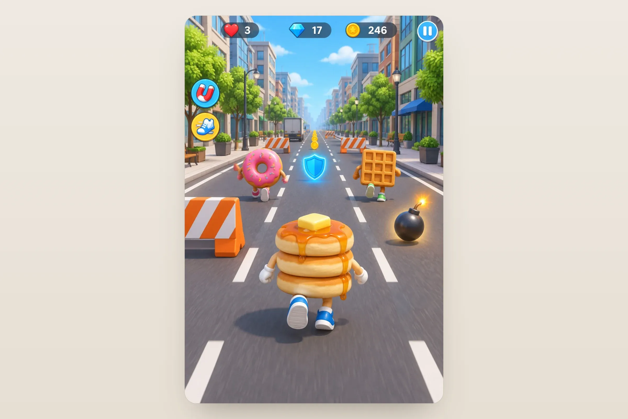 Representative artwork: a pancake-stack character running down a city avenue between office buildings and trees, a doughnut and a waffle rival ahead, road barriers, a shield power-up and a bomb pickup