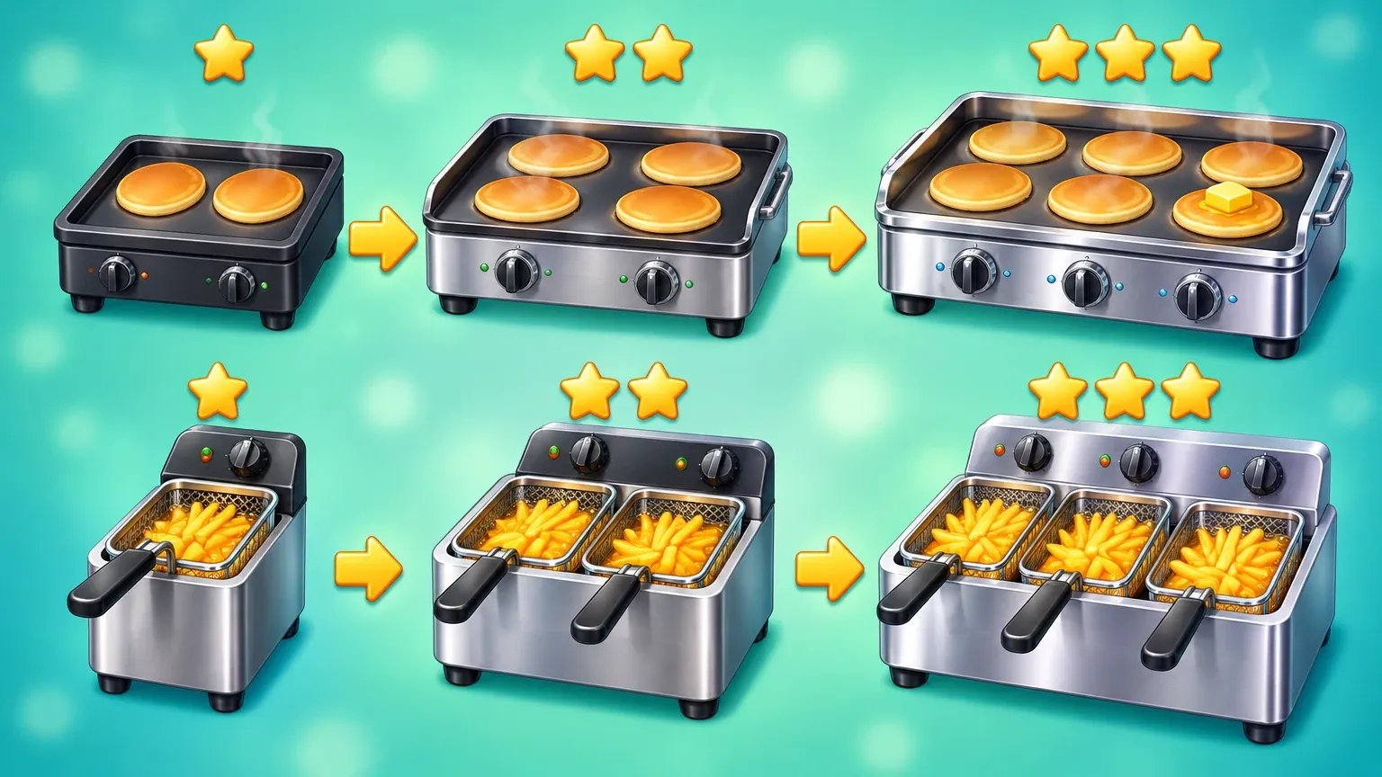 Representative artwork: a griddle and a deep fryer each shown at three upgrade levels — growing from two pancakes to six and from one fry basket to three — with one, two and three gold stars